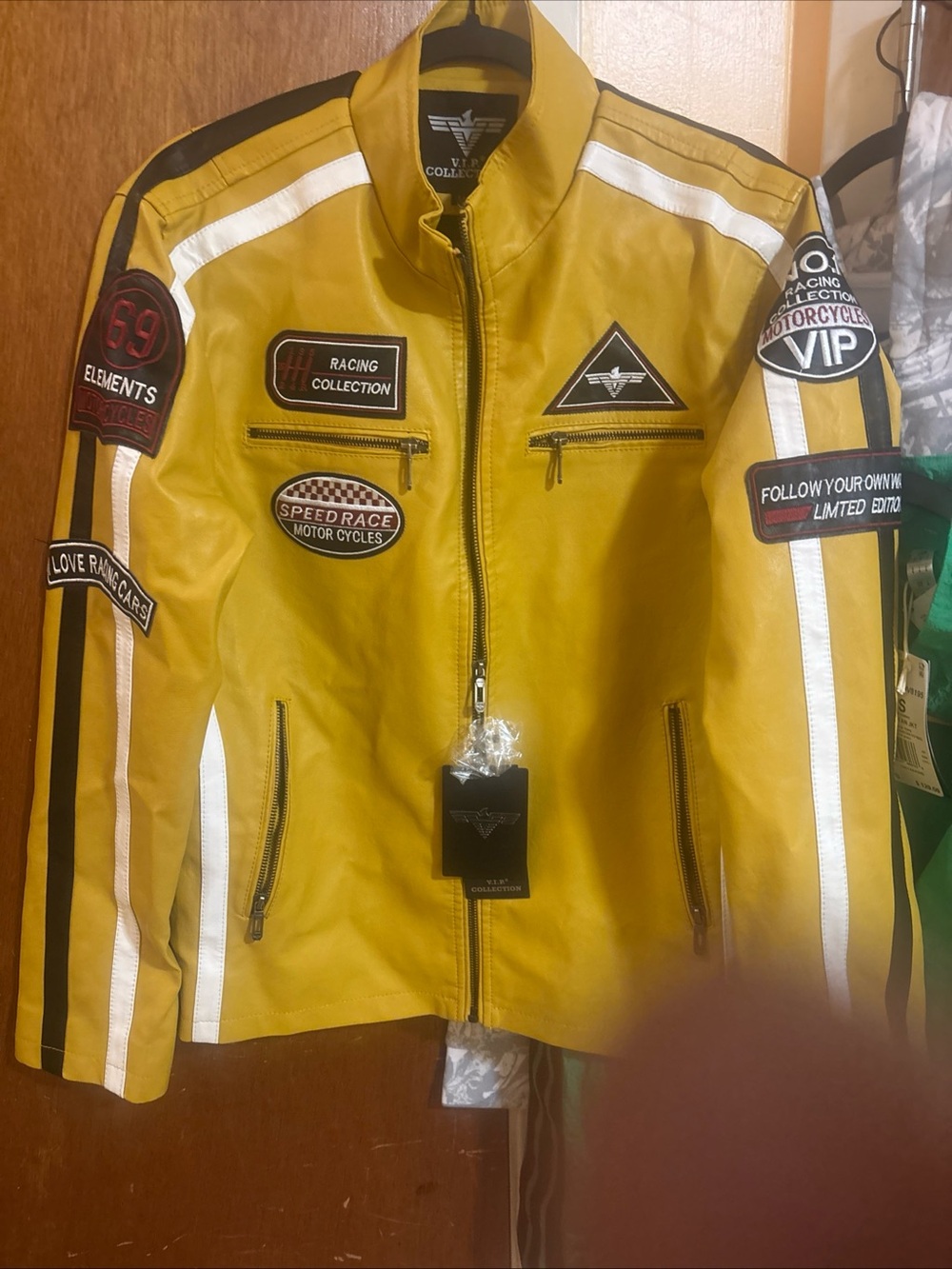 VIP Yellow Racing-Style Bomber Jacket with Patches